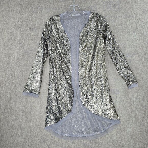 Silver Sequin Long Sleeve Open Front Cardigan Size 12 By Mia Joy - Picture 1 of 6